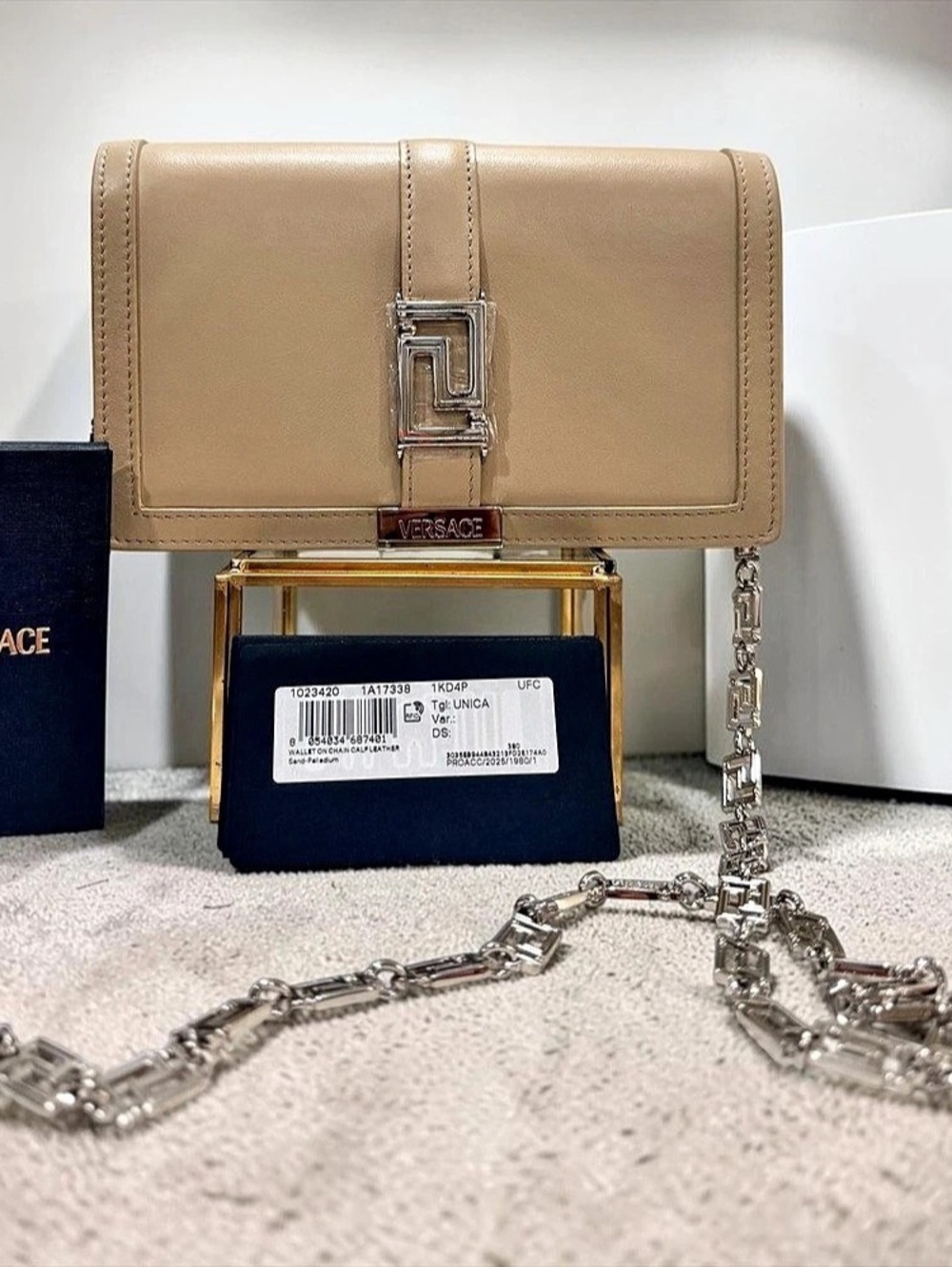 Versace Greca Goddess Wallet on Chain – Sand Calf Leather BRAND NEW